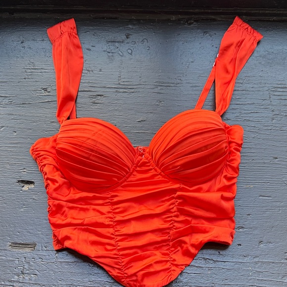 Oh Polly Tops - Vibrant Orange Ruched Bustier Top